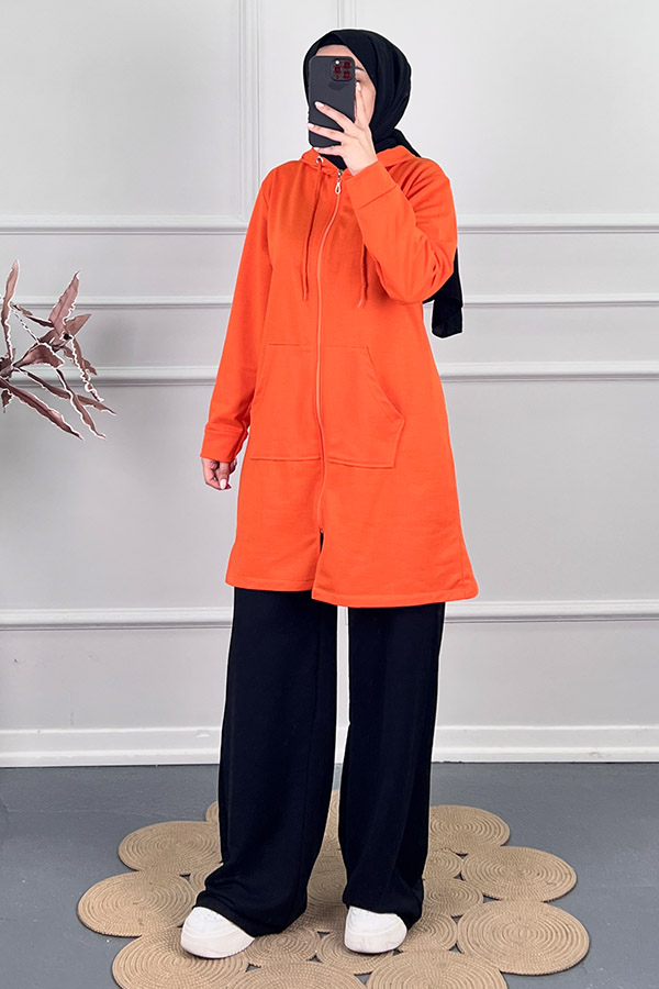 Fermuarlı Kapşonlu Sweatshirt - Turuncu