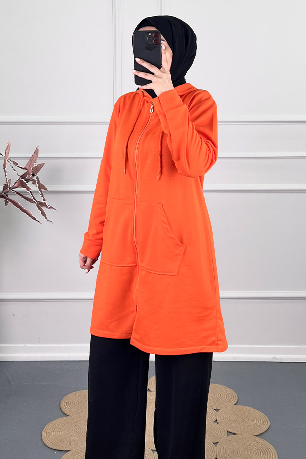 Fermuarlı Kapşonlu Sweatshirt - Turuncu