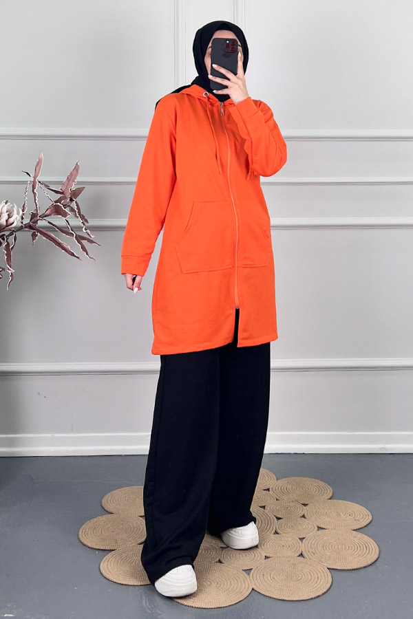 Fermuarlı Kapşonlu Sweatshirt - Turuncu