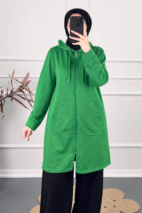 Fermuarlı Kapşonlu Sweatshirt - Yeşil