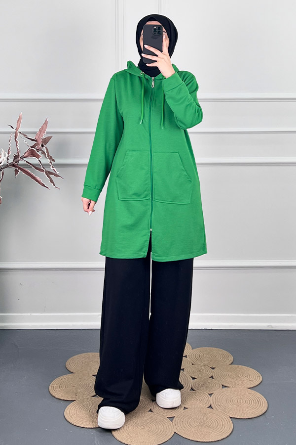 Fermuarlı Kapşonlu Sweatshirt - Yeşil