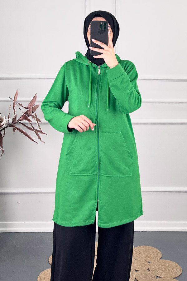 Fermuarlı Kapşonlu Sweatshirt - Yeşil