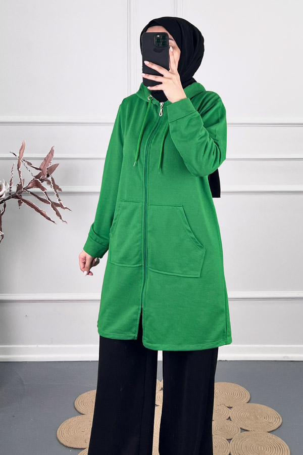 Fermuarlı Kapşonlu Sweatshirt - Yeşil