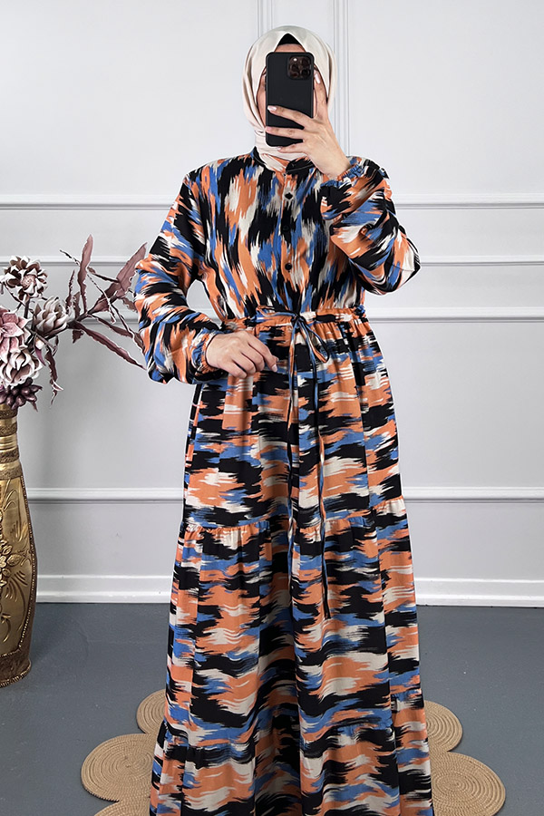 Fırça Desenli Elbise - Yeşil Fırça Desenli Elbise - Mavi