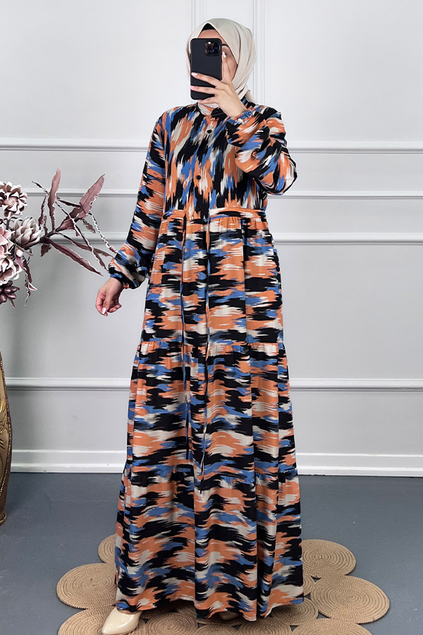 Fırça Desenli Elbise - Yeşil Fırça Desenli Elbise - Mavi