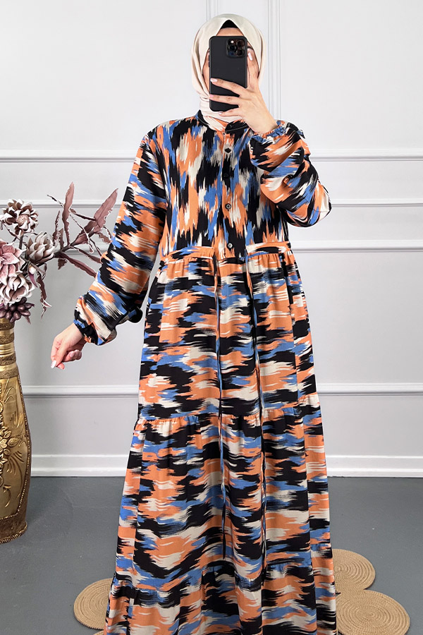 Fırça Desenli Elbise - Yeşil Fırça Desenli Elbise - Mavi