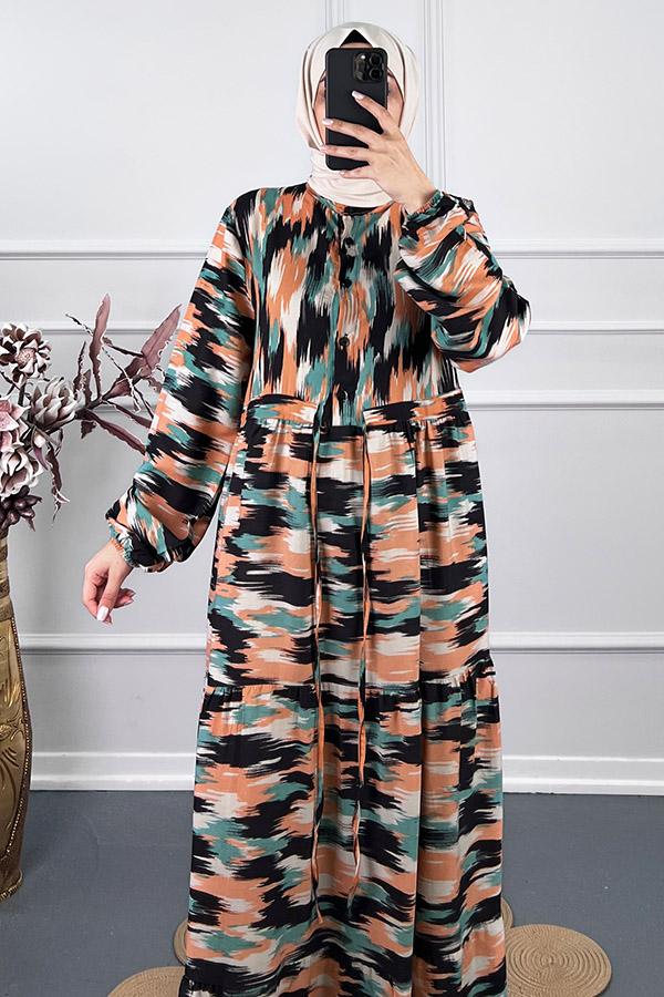 Fırça Desenli Elbise - Yeşil