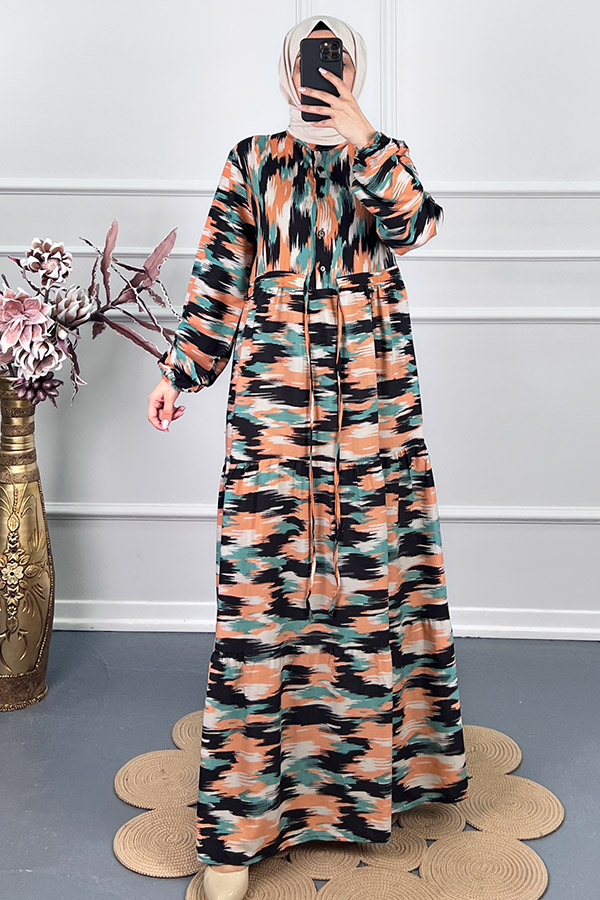 Fırça Desenli Elbise - Yeşil