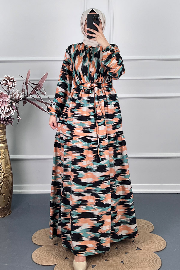 Fırça Desenli Elbise - Yeşil