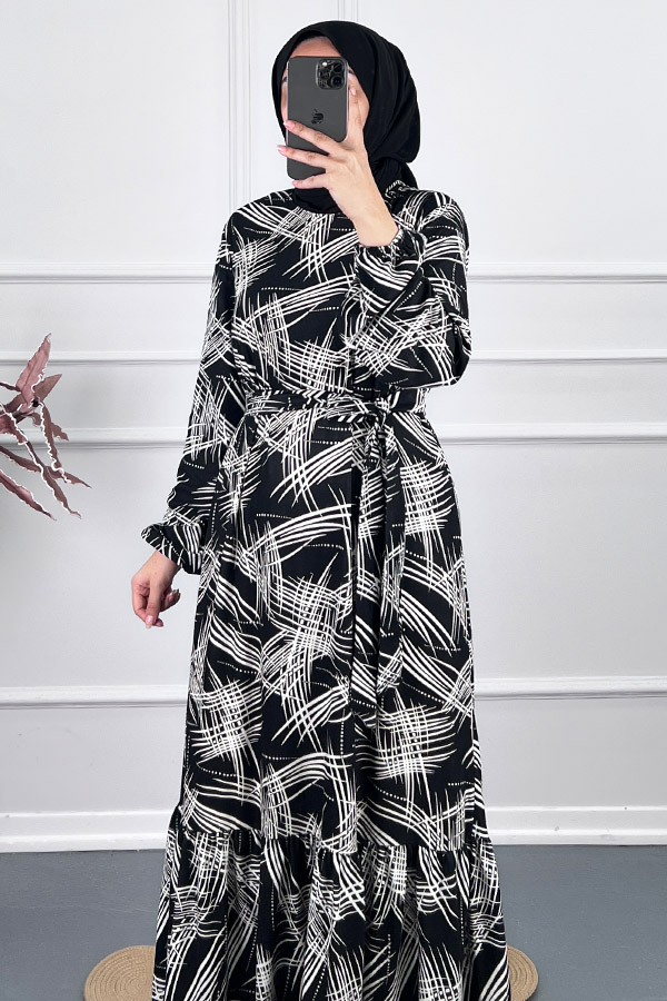 Fırça Desenli Kışlık Süet Elbise - Siyah