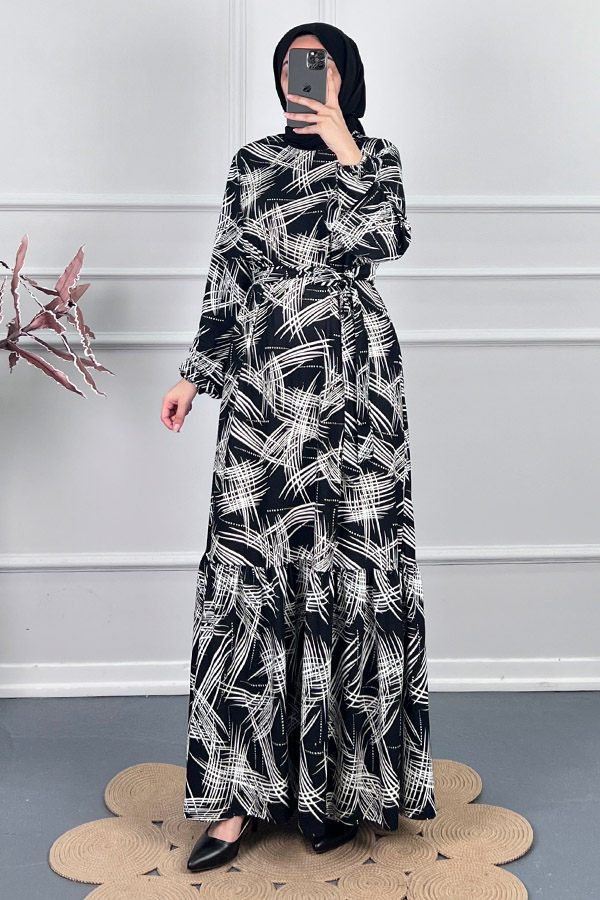 Fırça Desenli Kışlık Süet Elbise - Siyah