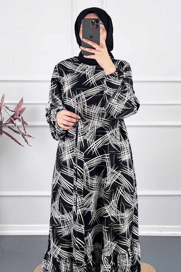 Fırça Desenli Kışlık Süet Elbise - Siyah