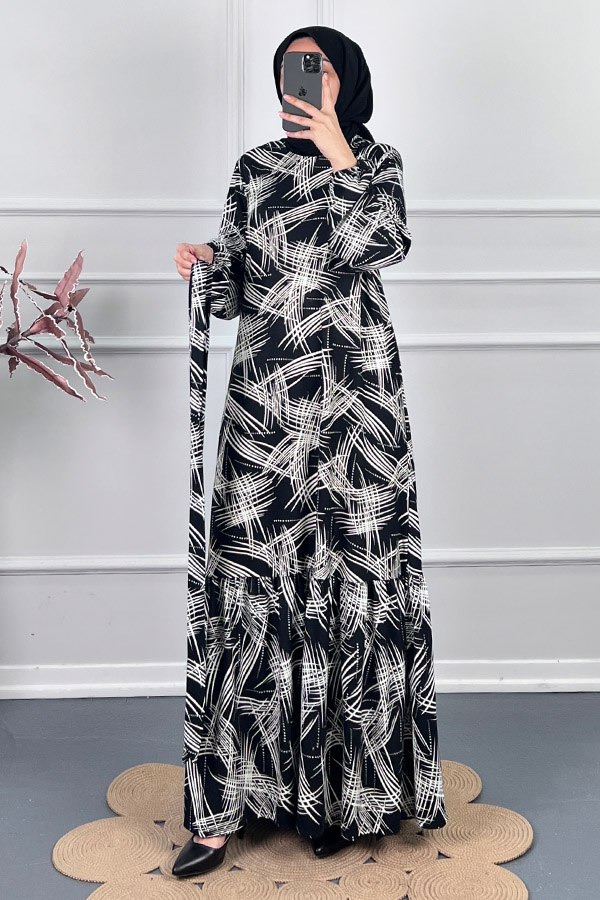 Fırça Desenli Kışlık Süet Elbise - Siyah