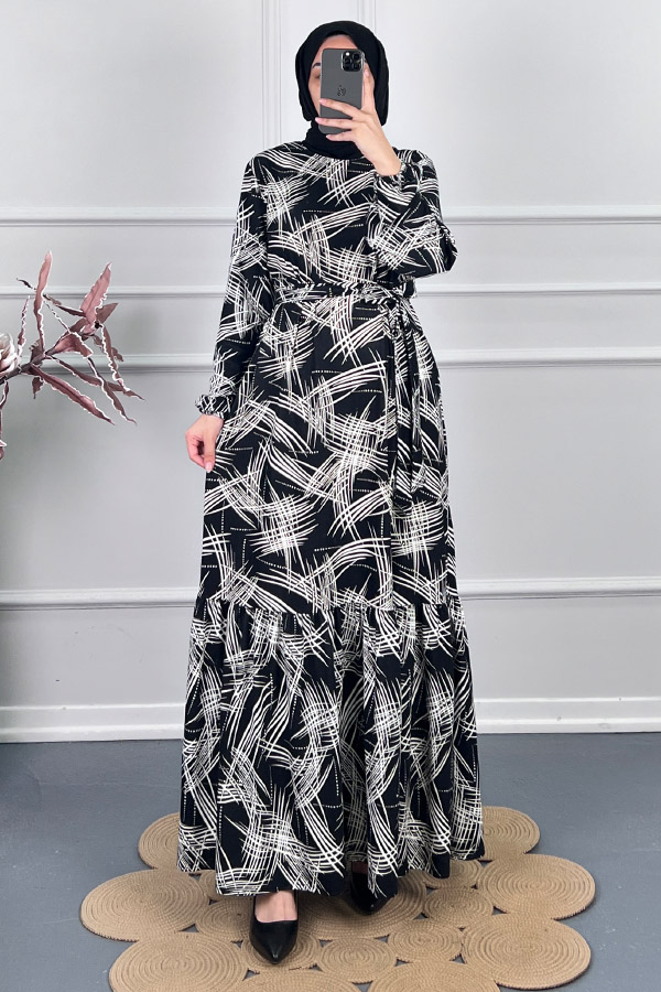 Fırça Desenli Kışlık Süet Elbise - Siyah