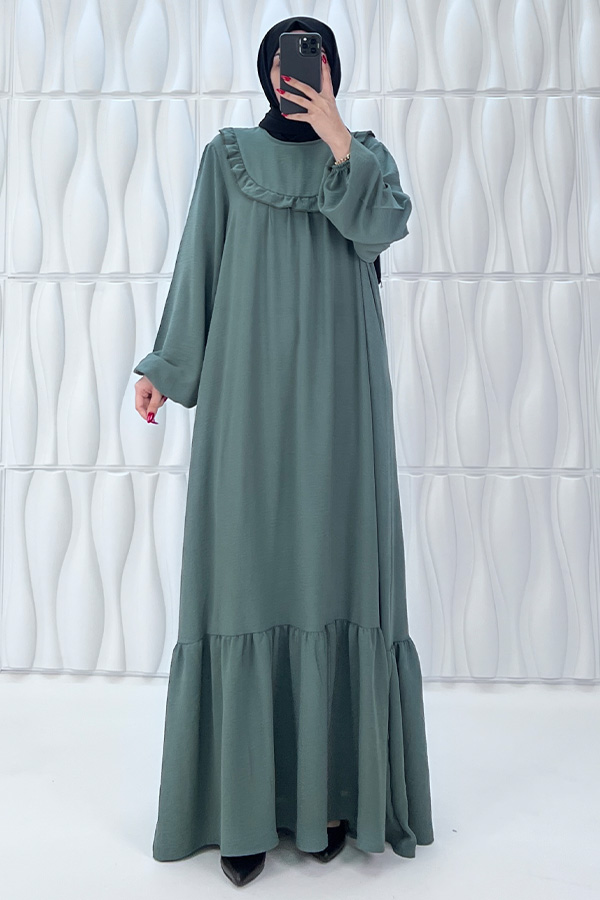 Fırfır Detaylı Ayrobin Kumaş Elbise - Füme