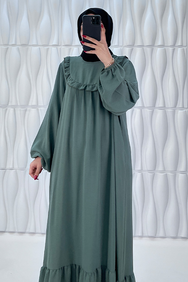 Fırfır Detaylı Ayrobin Kumaş Elbise - Füme