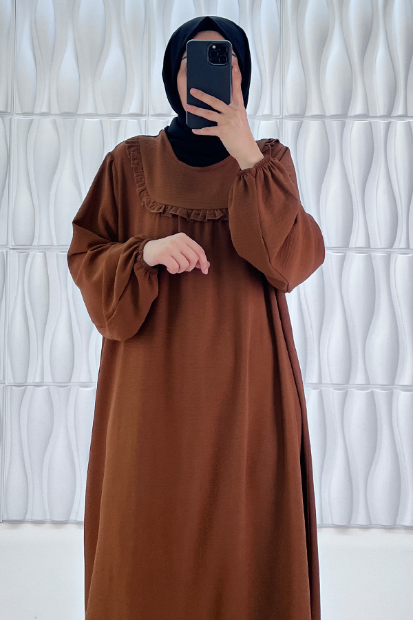 Fırfır Detaylı Ayrobin Kumaş Elbise - Kahverengi