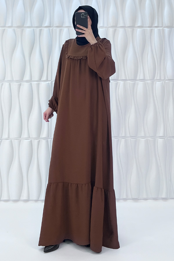 Fırfır Detaylı Ayrobin Kumaş Elbise - Kahverengi