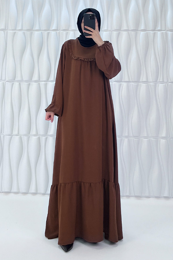 Fırfır Detaylı Ayrobin Kumaş Elbise - Kahverengi