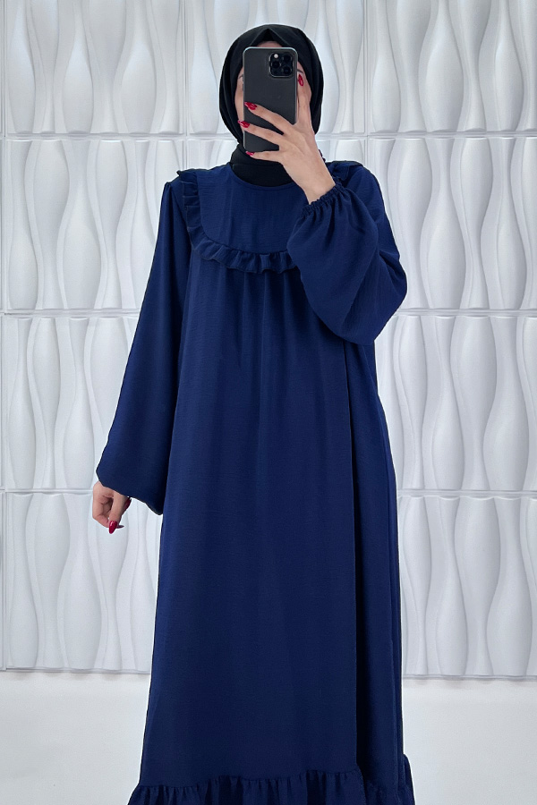 Fırfır Detaylı Ayrobin Kumaş Elbise - Lacivert Fırfır Detaylı Ayrobin Kumaş Elbise - Lacivert
