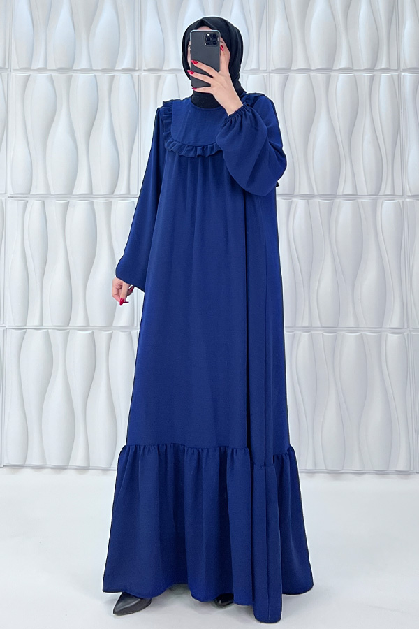 Fırfır Detaylı Ayrobin Kumaş Elbise - Lacivert Fırfır Detaylı Ayrobin Kumaş Elbise - Lacivert