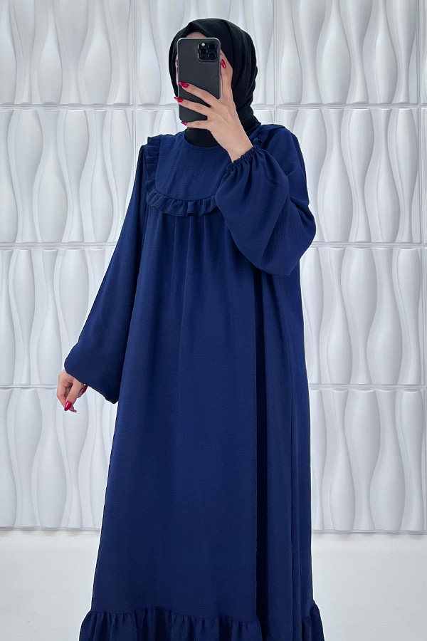 Fırfır Detaylı Ayrobin Kumaş Elbise - Lacivert Fırfır Detaylı Ayrobin Kumaş Elbise - Lacivert