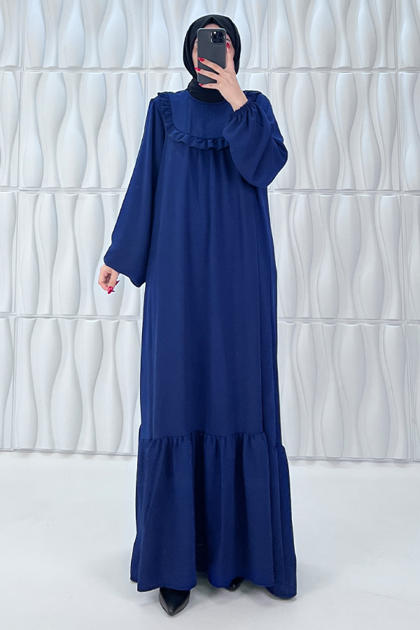 Fırfır Detaylı Ayrobin Kumaş Elbise - Lacivert Fırfır Detaylı Ayrobin Kumaş Elbise - Lacivert