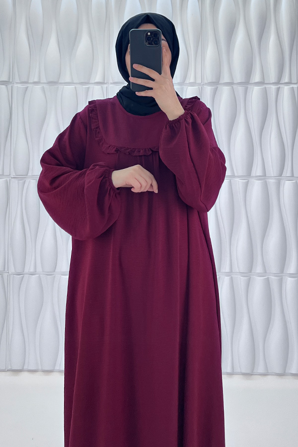 Fırfır Detaylı Ayrobin Kumaş Elbise - Mürdüm