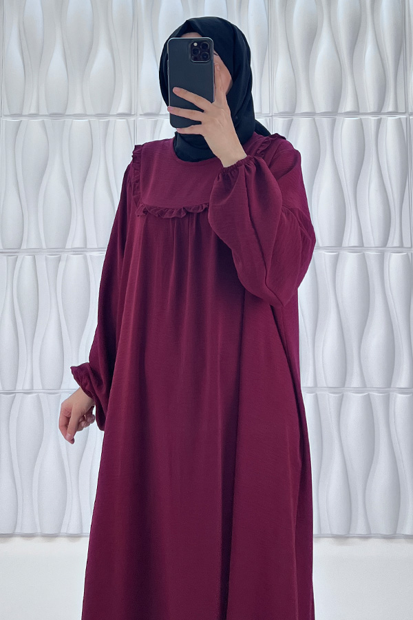 Fırfır Detaylı Ayrobin Kumaş Elbise - Mürdüm