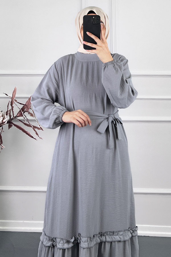 Fırfır Detaylı Elbise - Gri