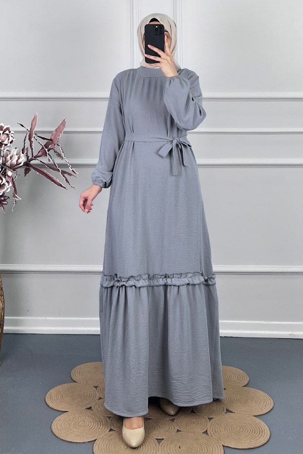 Fırfır Detaylı Elbise - Gri
