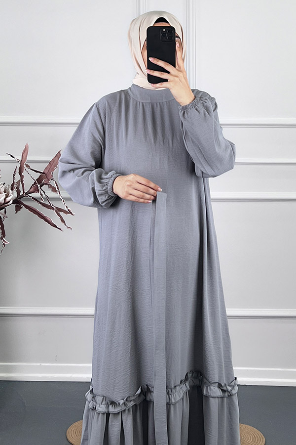 Fırfır Detaylı Elbise - Gri