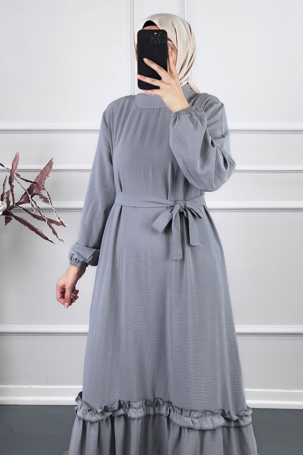 Fırfır Detaylı Elbise - Gri