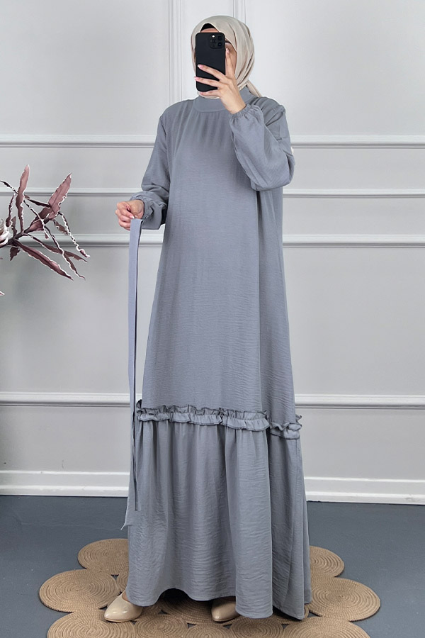 Fırfır Detaylı Elbise - Gri