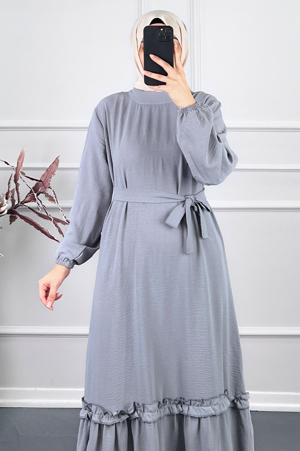 Fırfır Detaylı Elbise - Gri