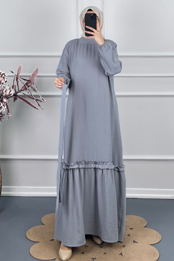 Fırfır Detaylı Elbise - Gri