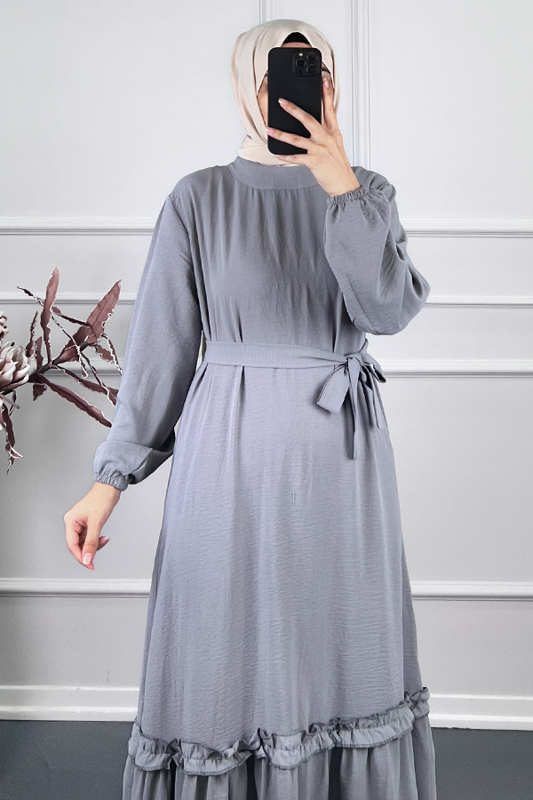 Fırfır Detaylı Elbise - Gri