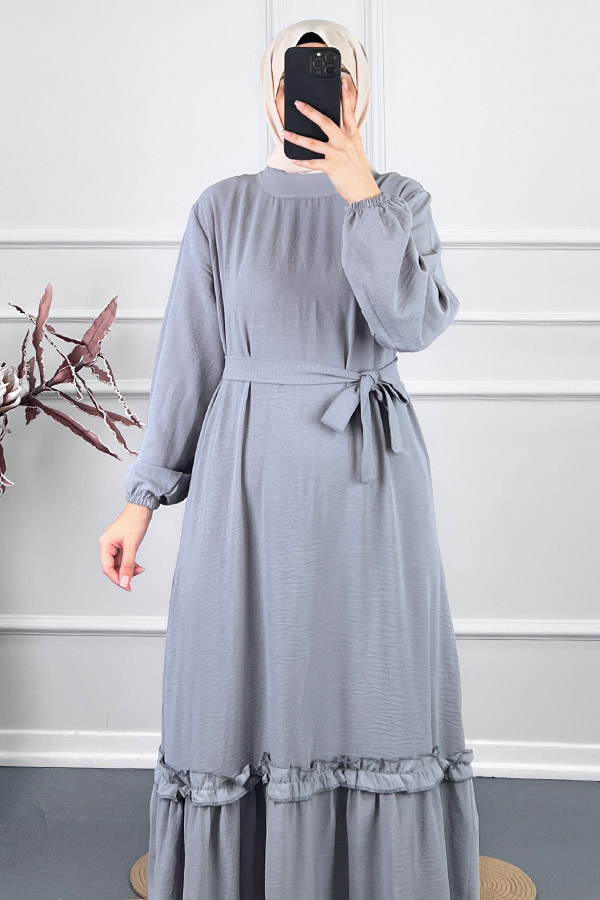 Fırfır Detaylı Elbise - Gri