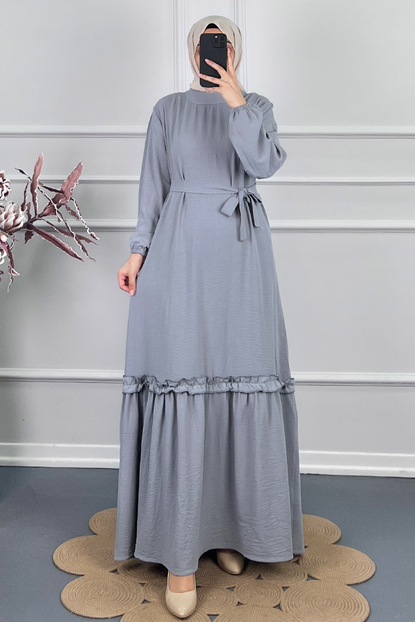 Fırfır Detaylı Elbise - Gri