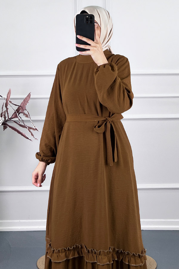 Fırfır Detaylı Elbise - Kahverengi