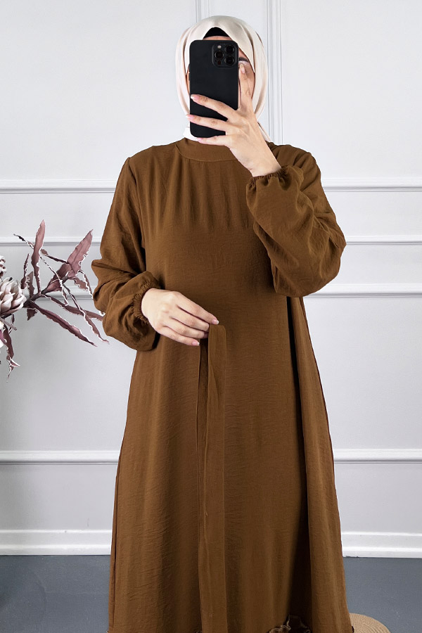 Fırfır Detaylı Elbise - Kahverengi
