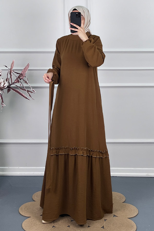 Fırfır Detaylı Elbise - Kahverengi