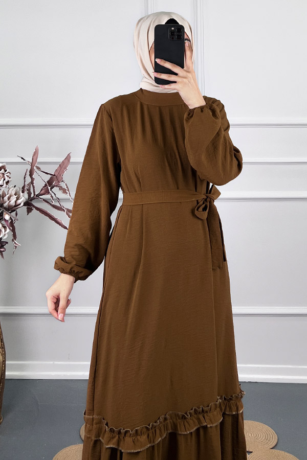 Fırfır Detaylı Elbise - Kahverengi