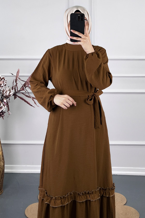 Fırfır Detaylı Elbise - Kahverengi