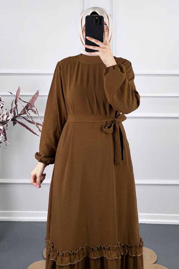 Fırfır Detaylı Elbise - Kahverengi