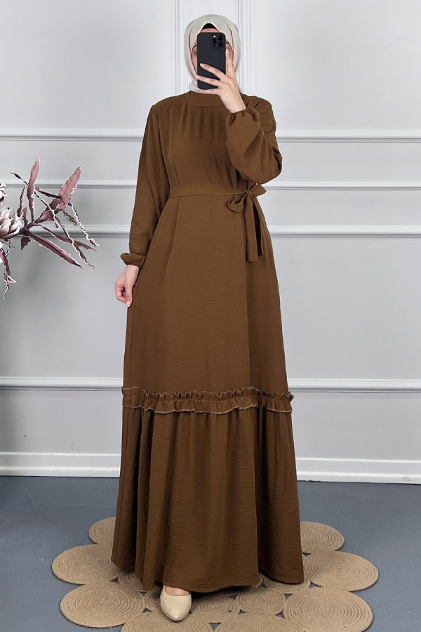 Fırfır Detaylı Elbise - Kahverengi