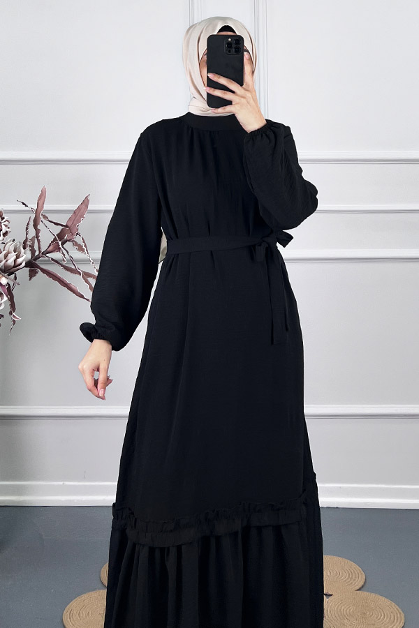 Fırfır Detaylı Elbise - Siyah