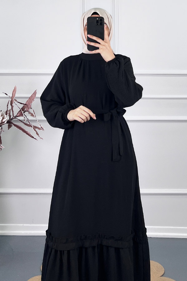 Fırfır Detaylı Elbise - Siyah