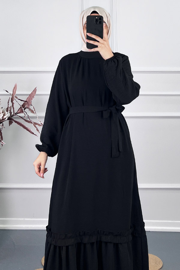 Fırfır Detaylı Elbise - Siyah