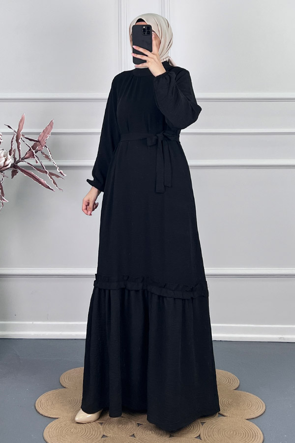 Fırfır Detaylı Elbise - Siyah